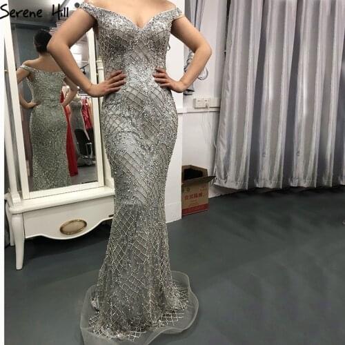 2020 Silver Luxury Sexy Mermaid Prom Dresses Diamond Beading Off Shoulder Evening Gowns DLA6406