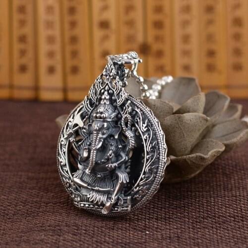 100% 925 Silver Thailand Ganesh Pendant Neckalce Sterling Wealth God Pendant Necklace Good Luck Wealth Buddha Amulet