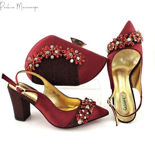 2021 African Fashion Hot Selling Italian Design WIne Color Party Ladies Shoes and Bag Set With Colorful Crystal Decoration