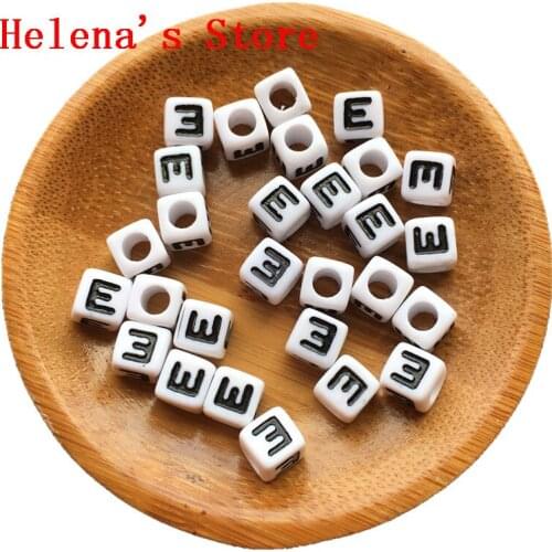 7*7MM Individual Alphabet Beads Black Single Initial E Printed Acrylic Letter Beads Cube Square Big Hole Plastic Spacer Beads