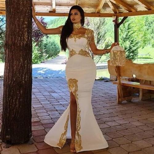 Eightale White and Gold Evening Dresses High Neck Side Split Appliques Mermaid Arabic Party Prom Gown vestido festa longo