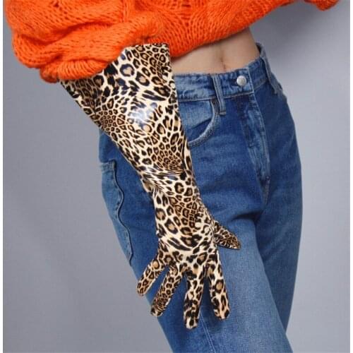 Patent Leather Long Gloves 38cm Big Sleeve Wide Cuff Lantern Sleeve Puff Sleeve Imitation Leather Male Female Leopard WPU141