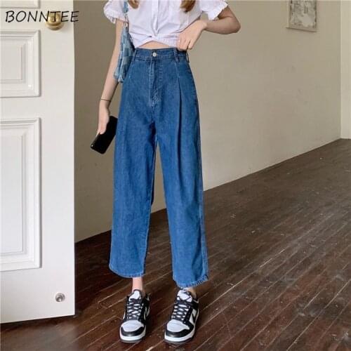 Jeans Women Ankle Length Straight College Loose Leisure All Match Ulzzang Summer High Waist Pocket Denim Female Basic Simple Ins