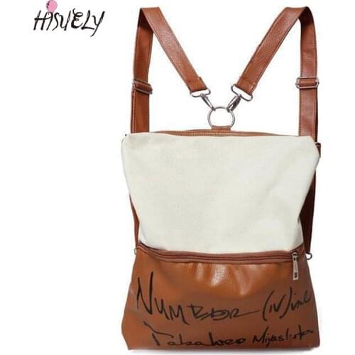 HISUELY New Fashion PU leather with Canvas Backpacks Letter Style Shoulder Bag Women Backpack Printed School Bag Mochila Feminin