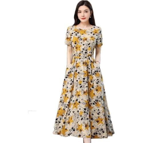 Floral Cotton Linen Dress Women 2021 New Summer Fashion Sweet Belt Bow Plus Size Loose Elegant Slim Long Dresses Female LR1409