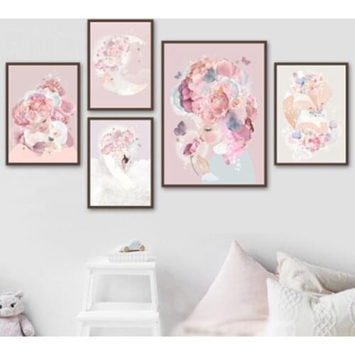 Girl Animal Oil Painting on Canvas Nordic Pink Animal Posters and Print Wall Art Picture for Living Room Home Decor Unframed