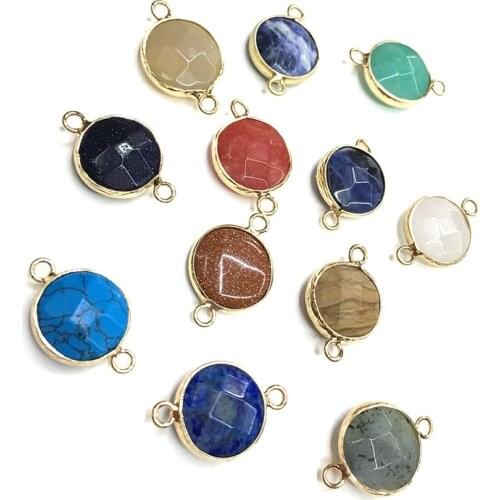 Gold Sand Stones Round Gold Plated Semi-precious Stone Connector For Jewelry Making Temperament Accessories Size 14mm