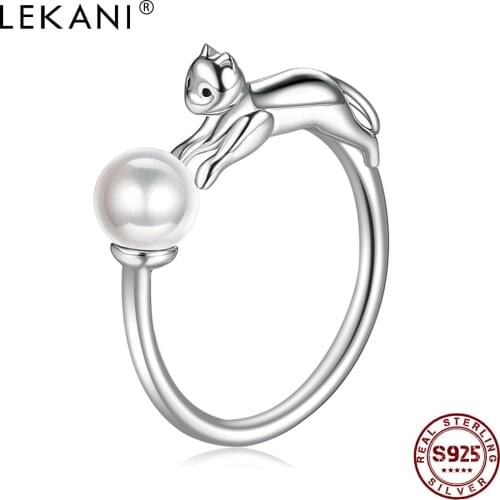 LEKANI Real Silver 925 Rings Naughty Cat with Ball Open Finger Rings For Women Shell Pearl Free Size Silver Fine Jewelry Best