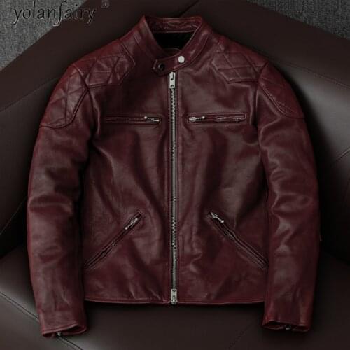 Vintage Leather Jacket Men Streetwear Motorcycle Jackets Mens Sheepskin Coat Sand Collar Red Mens Clothing Blouson Cuir Homme