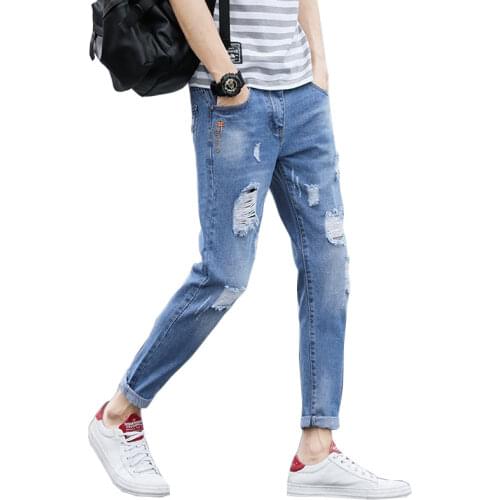 2021 spring and summer Japanese and Korean mens ripped punk ripped bike jeans straight denim pants