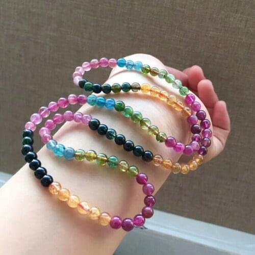 Genuine Natural Colorful Tourmaline Crystal Clear Round Beads 3 Laps Bracelet Fashion Woman Necklace Stretch 5.2mm AAAAA