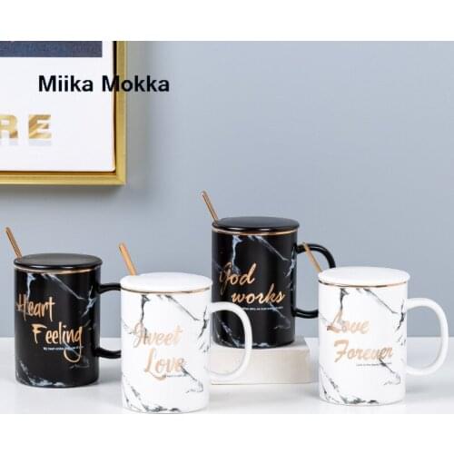 Nordic Marble Coffee Cup with Lid Spoon Ceramic English Print Coffee Cup Milk Mug Simple and Creative Mug Home Office Drinkware