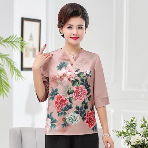 2019 summer dress new middle-aged womens dress, middle-sleeved t-shirt, foreign air mother, imitation silk coat, fashion