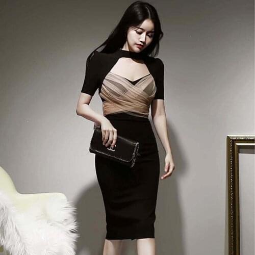 New Arrival Fashion Spring Midi Party Dress Women OL Elegant Temperament Retro Sexy Low-cut Mesh Laceup Black Bodycon Dress