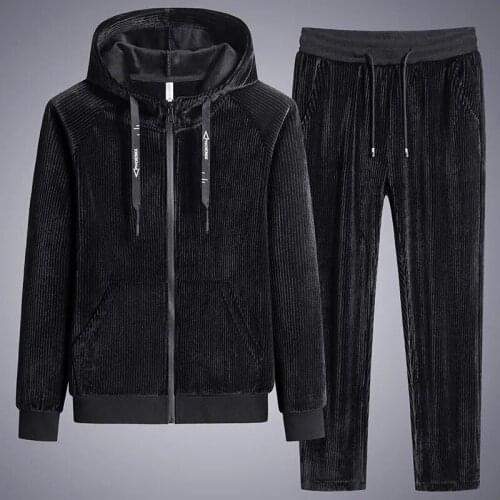 2021 autumn and winter corduroy double layer plus fleece hooded plus size casual sports suit mens trend mens two-piece suit
