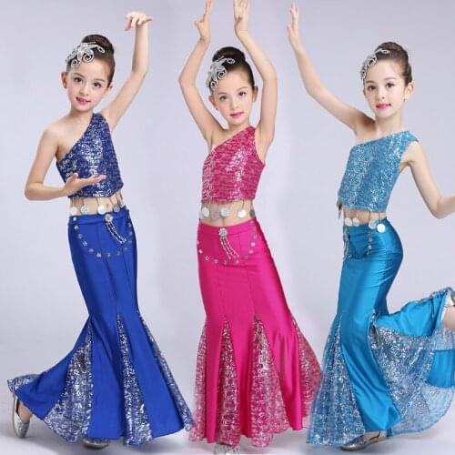 Dai Peacock Dance Dress National Folk Peacock Dance Children Traditional Dress Sequins Fish Tail Leotard Girl Dancewear