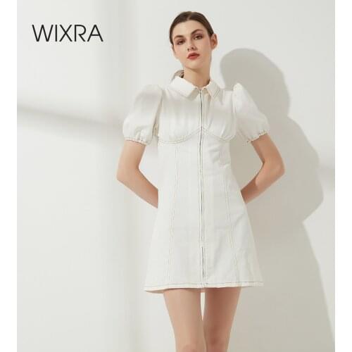 Wixra Womens New Hot Polo Neck Solid Zipper Short Elastic Puff Sleeve Ladies Trendy Summer Stylish Mini A-Line Dresses
