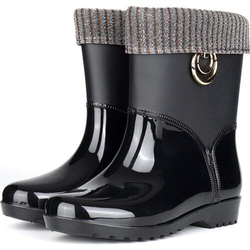 Rubber Rain Boots for Women Waterproof High Heel Fashion Girls Shoes Ladies Short Ankle PVC Rainboots Non-slip Fur Leather Boots