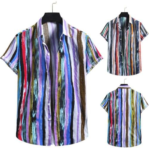 Fashion Vintage Stripe Shirts Men Cotton Linen Print Short Sleeve Button Shirt Blouse Top Mens Clothing Blusas Masculinas Moda