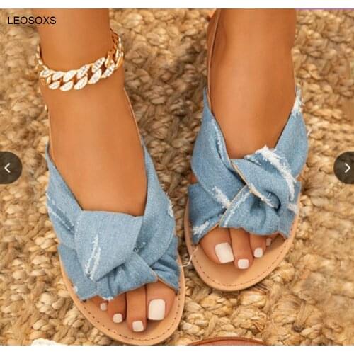 2021 Summer Flat Sandals Womens Fashion Large Size Open Toe Beach Denim Student Roman Shoes Casual Slides Slippers Women