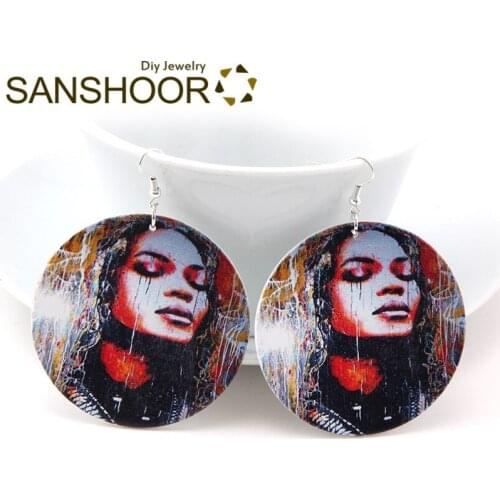 SANSHOOR Printed AFRO Queen Round Wood Earrings 6cm Large Blacks Afrocentric Ethnic Jewelry As Women Halloween Gifts 1Pair