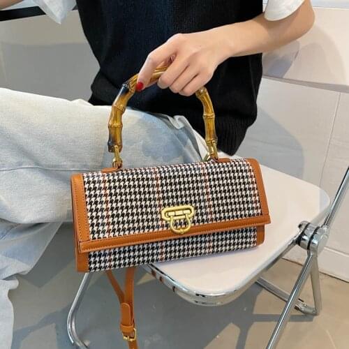 Pu Leather Crossbody Bag For Women 2021 New Beach Small Handbags Vintage Bamboo Top-Handle Tote Bag Classic Plaid Shoulder Purse