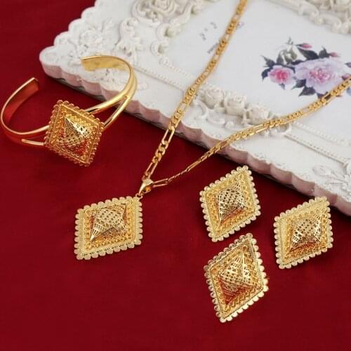 Top Quality Gold Color Square Ethiopian Women Wedding Party Eritrean Style Jewelry Sets