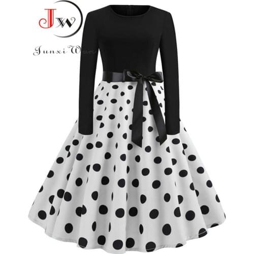 White Dot Party Dresses Women Elegant Vintage Swing Dress Winter Long Sleeve Casual Christmas Dress Plus Size Robe Pull