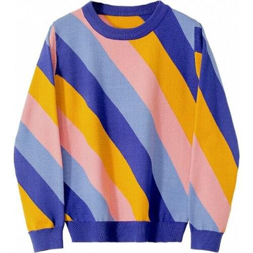 Fall Winter Sweater Contrast Color Striped Sweater Jumpers Pullover Punk Style Women O-Neck Diagonal Striped Rainbow Sweater