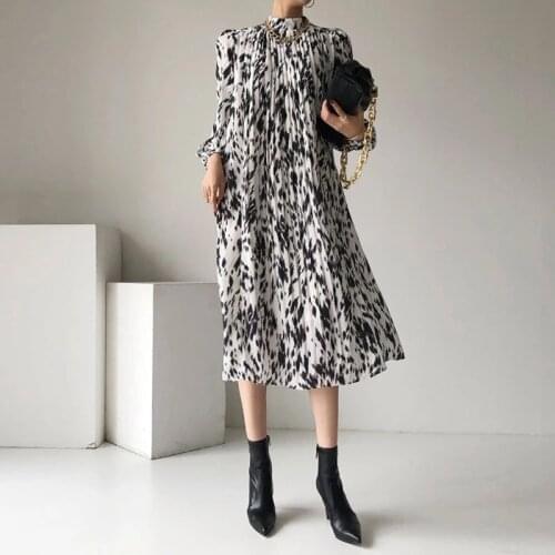 2021 Korean Stand Puff Sleeves Hit Color Print Loose Strap Waist Pleated Draped Full Mid-Calf Dress for Women