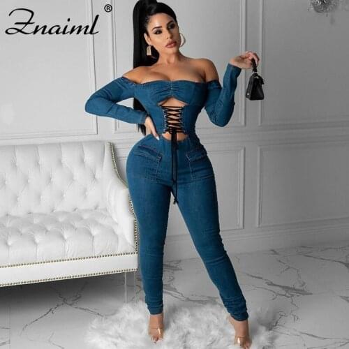 Znaiml Streetwear Blue Denim Sexy Bodycon Jumpsuit Women Overalls Rompers Full Sleeve Off Shoulder Skinny Bandage Mom Long Jean