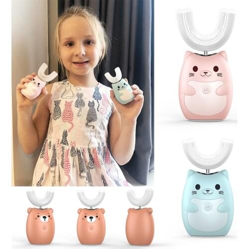 Kids Electric Toothbrush Child 360 Degree U Silicon Automatic Ultrasonic Teeth Brush Cleaner USB Rechargeable Bear Cat Cartoon