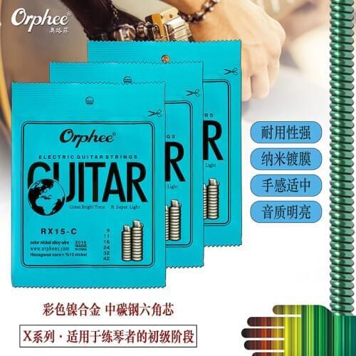 10 Packs Orphee RX15-C Color Hexagonal Core+%12 Nickel Alloy Electric Guitar Strings Super Light (.009 .011 .016 .024 .032 .042)