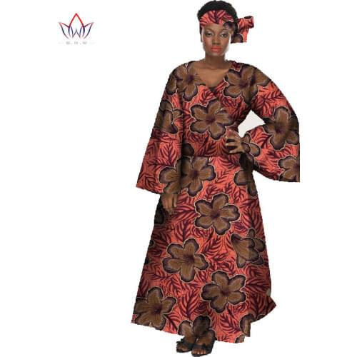 2021 Summer Women Long Sleeve ankle-length Dress Custom Traditional African Clothing Dress and Headband 2 pieces WYW07