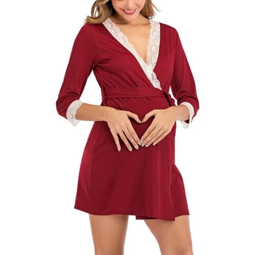 #57 Summer Nursing Clothes Women Middle Sleeve Lace Maternity V-neck Dress Fashion Lacing Skirt Nightgown Pijama De Maternidad