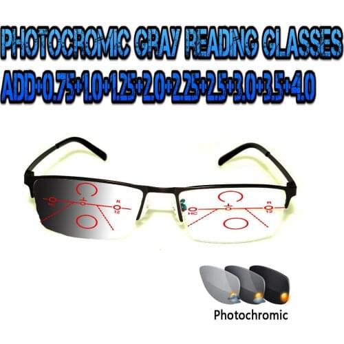 Photochromic Gray Progressive Multifocal Reading Glasses Men Woem Ultralight Black Frame+1.0 +1.5 +1.75 +2.0 +2.5 +3 +3.5 +4