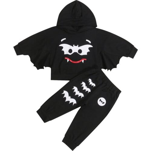 2021 Toddler Baby Girls Boys 2Pcs Halloween Outfits, Cartoon Print Long Sleeve Bat Hoodie and Pants Set 1-5T
