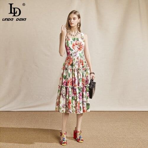 LD LINDA DELLA Summer Fashion Runway Beach Resort Dress Women Spaghetti Strap Print Ruched Slim Big swing Ladies Midi Dresses