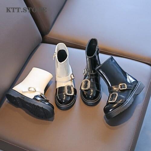 KTT Girls Fashion Boots 2021 Childrens Leather Shoes Teenager Girls School Boots Winter Slip-on Kids Shoes Black and White Boot