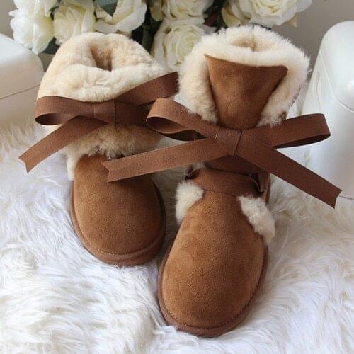 Fashion Women Boots Snow Boots Genuine Sheepskin Leather Lace Up Winter Boots 100% Natural Fur Warm Wool Women Boots Shoes