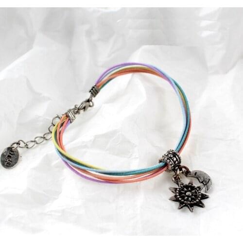 Newest Vintage Antique Silver Color Moon Sun Charm Bracelet Multilayers Colorful Elastic Ropes Bracelet Gift for Women