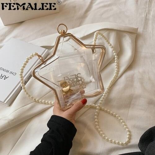 New Acrylic Transparent Women Clutch Purse Pearls Chain Women Shoulder Messenger Bag Clear PVC Five-pointed star Evening Handbag