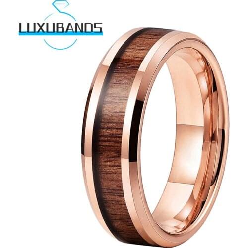 6MM Men Women Tungsten Wedding Rings Rose Gold Beveled Edges Vietnam Acrylic Tree Wood Inlay Polished Finished Comfort Fit