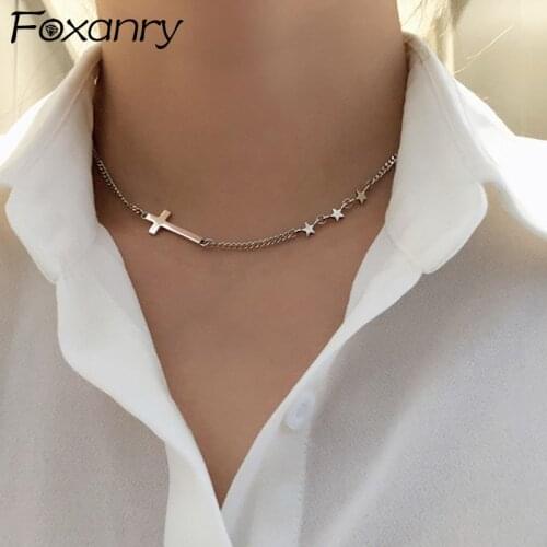 Foxanry 925 Sterling Silver Clavicle Chain Necklace for Women Trend Vintage Elegant Simple Design Sweet Star Party Jewelry Gifts