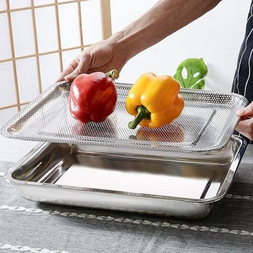 Stainless Steel Dense Hole Drain Tray Rectangle Frying Oil Filter Pan Fruit Vegetable Storage Dish Strainer Kitchen Accessories