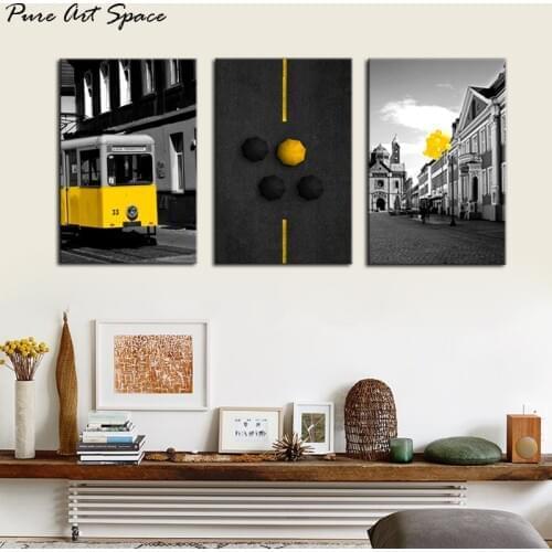 Nordic Canvas Wall Art Yellow Bus Umbrella Ballon Black and White Modern Poster Cityscape Paintings Prints HD