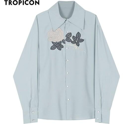 TROPICON Floral Embroidered Top And Blouse Mint Green Shirt Long Sleeve Button Up Collar Shirt Korean Fashion Autumn Spring 2021