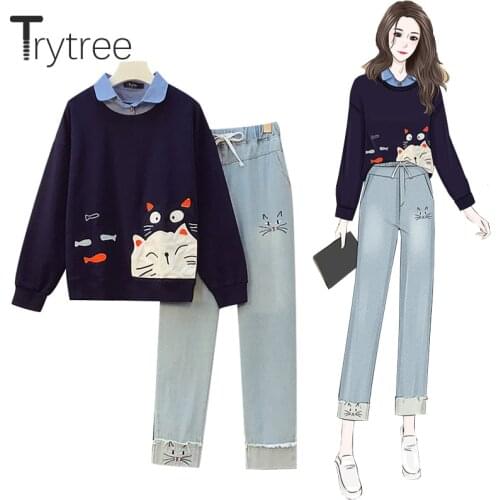 Trytree Autumn Winter Casual two piece Women Sets Sweet Cartoon Kitten Top + Jeans Elastic Waist Pockets Streetwear 2 Piece Set