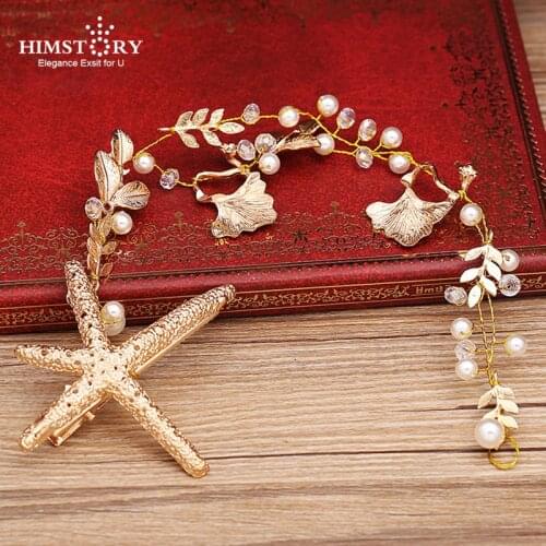 HIMSTORY Starfish Tiara Headband Head Chain Pearl Jewelry Hair Accessories Bridal Headpiece Wedding Hairwear Accessories