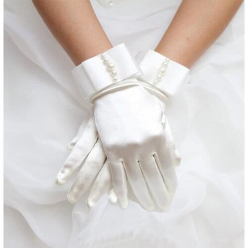 Women Wedding Bridal Short Gloves Satin White Bow Pearl s Bride Gloves Full Finger Wrist Length Costume Temperament Prom Party